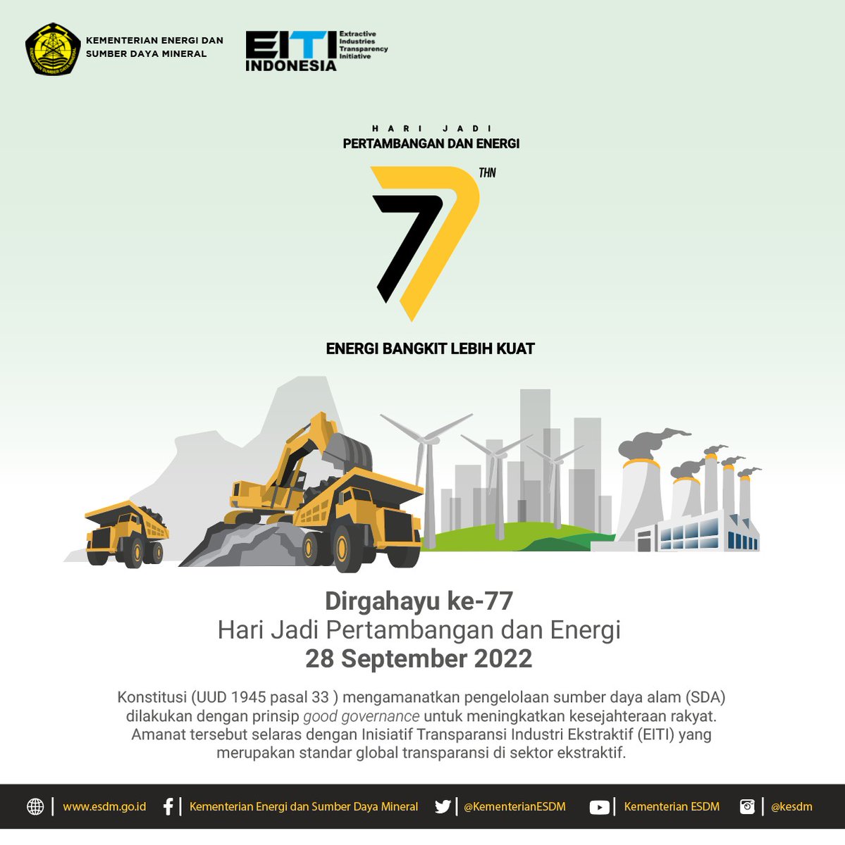 "Konstitusi (UUD 45 pasal 33 ) mengamanatkan pengelolaan SDA dilakukan dg prinsip good governance utk meningkatkan kesejahteraan rakyat.Amanat tsb selaras dg Inisiatif EITI yg mrpk standar global transparansi di sektor ekstraktif."

#EITI #EITI_Indonesia