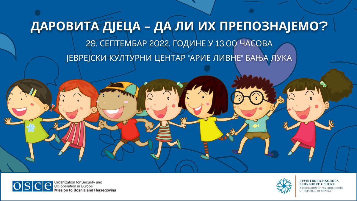 Даровита дјеца – да ли их препознајемо? Пратите у 13 часова #OSCEBiH вебинар на фејсбуку гдје разговарамо са групом стручњака за образовање о смјерницама наставницима и родитељима како да препознају даровиту дјецу и пруже им подстицајну средину за даљи напредак. #BoljeObrazovanje
