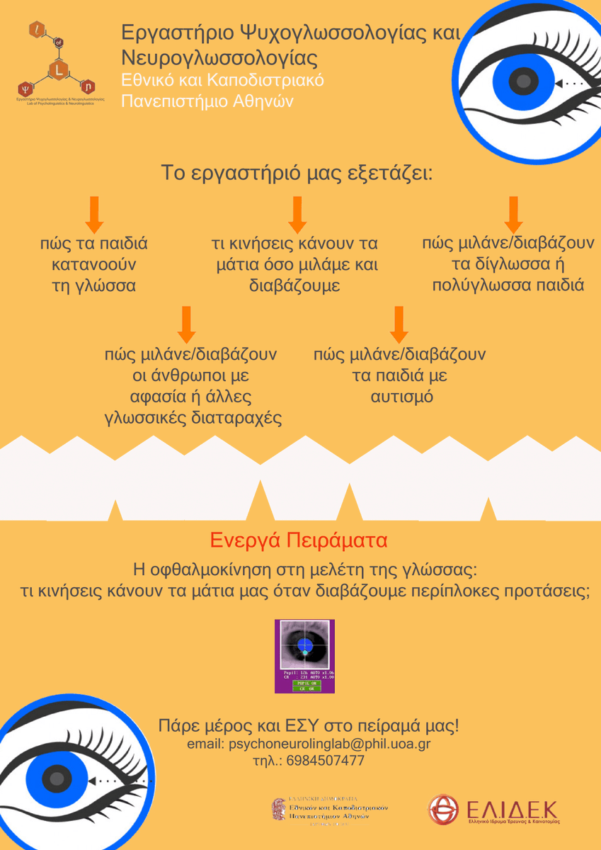 Το εργαστήριο Ψυχογλωσσολογίας-Νευρογλωσσολογίας <a href="/uoaofficial/">University of Athens</a> στη Βραδιά του Ερευνητή! 

👁 Το εργαστήριο συμμετέχει με την ζωντανή επίδειξη του εξοπλισμού της οφθαλμοκίνησης σε μικρούς και μεγάλους.  
 #EuropeanResearchersNight #ntuaren #ntua #linguistics