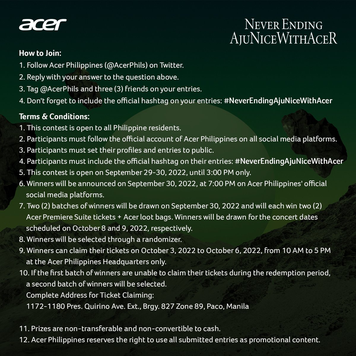 AcerPhils's tweet photo. Ayo, Caratdeul!💎 Who's ready to experience the #NeverEndingAjuNiceWithAcer?

Answer the question correctly for a chance to win 2 Acer Premiere Suite tickets &amp; Acer Philippines loot bags to watch your favorite OT13 live at the SM Mall of Asia Arena this October! https://t.co/Wbk9CXtCoH
