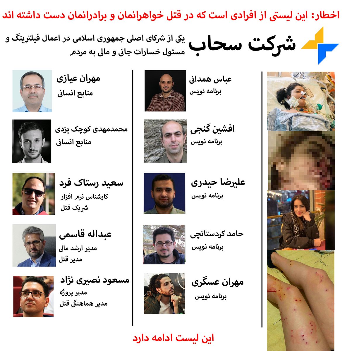 #سحاب‌پرداز یکی از شرکت‌هایی است که مسئولیت اصلی فیلترینگ در ایران را دارد و هم اکنون مسئول قطعی ساعتی اینترنت و فیلترشکن‌ها است. کارکنان این شرکت را اینجا افشا می‌کنیم.

نون تو خون ملت ایران نزنید. شرم بر شما باد.

 #SahabPardaz #InternetCensorship #مهسا_امینی