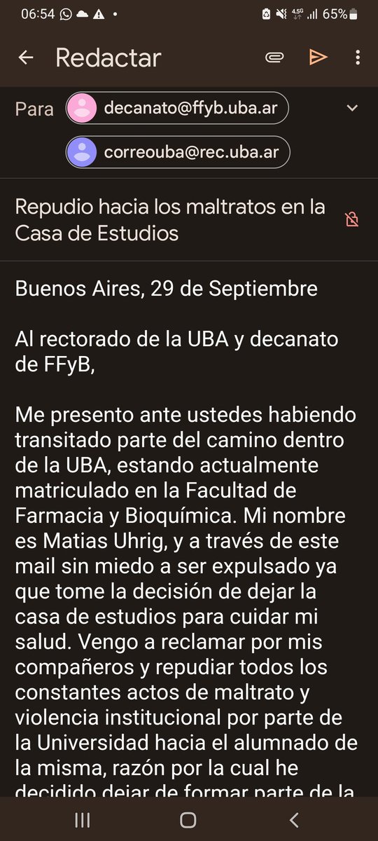 matitienetoc's tweet photo. @FFyB_UBA @UBAonline Les envíe un mail sobre lo sucedido con la docente Maria del Carmen Fernández, una de las razones de muchos de mis ataques de pánico y una de las cuales por quien empecé terapia. Espero que las cosas mejoren para todos los alumnos de la UBA https://t.co/KT7Be67wcb
