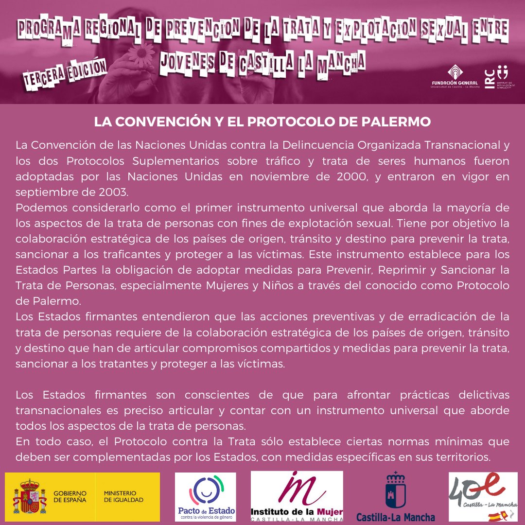 FundacionUCLM's tweet photo. En el marco del IIIPrograma #prevenciontratayexplotacionsexualjovenesclm, os mostramos qué es la Convención y Protocolo de Palermo y sus propósitos ✍
#trata #stoptrata
#protocolodepalermo #prevenir #proteger #cooperar https://t.co/vnbEEoVfKX