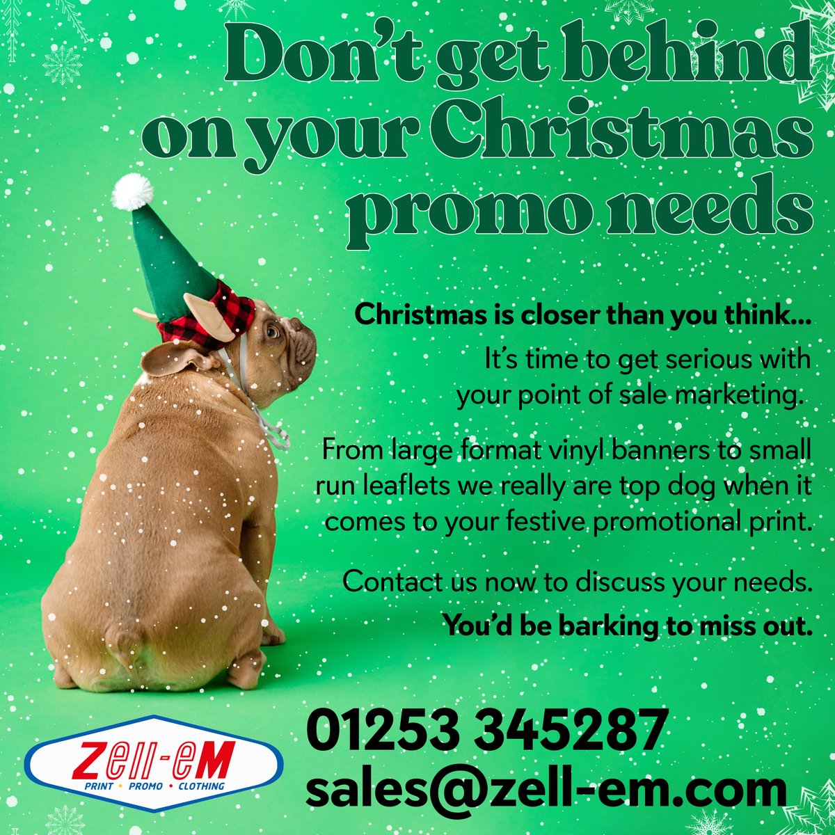 ZellEmGroup's tweet photo. Is your venue hosting a festive party? Shout about it with our point of sale marketing. From large format vinyl banners to small run leaflets - we get it done.
#christmas #christmas2022 #vinyl #banners #festive #cutedog #zellem #promotional #POS #pointofsale #marketing https://t.co/g5Nrt40WJ1