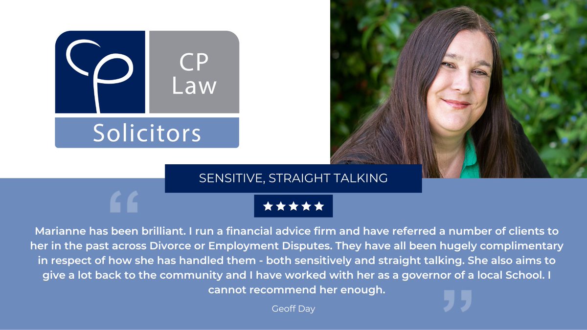 CPLawSolicitors's tweet photo. At CP Law Solicitors, we are always proud to receive 5 star feedback on our performance, in this case from several clients who have recognised the exceptional merits of Marianne Tyndall, Solicitor in our Dispute Resolution and Family department.

#Testimonial #5StarReview #CPLaw https://t.co/1WkCj8PfIA