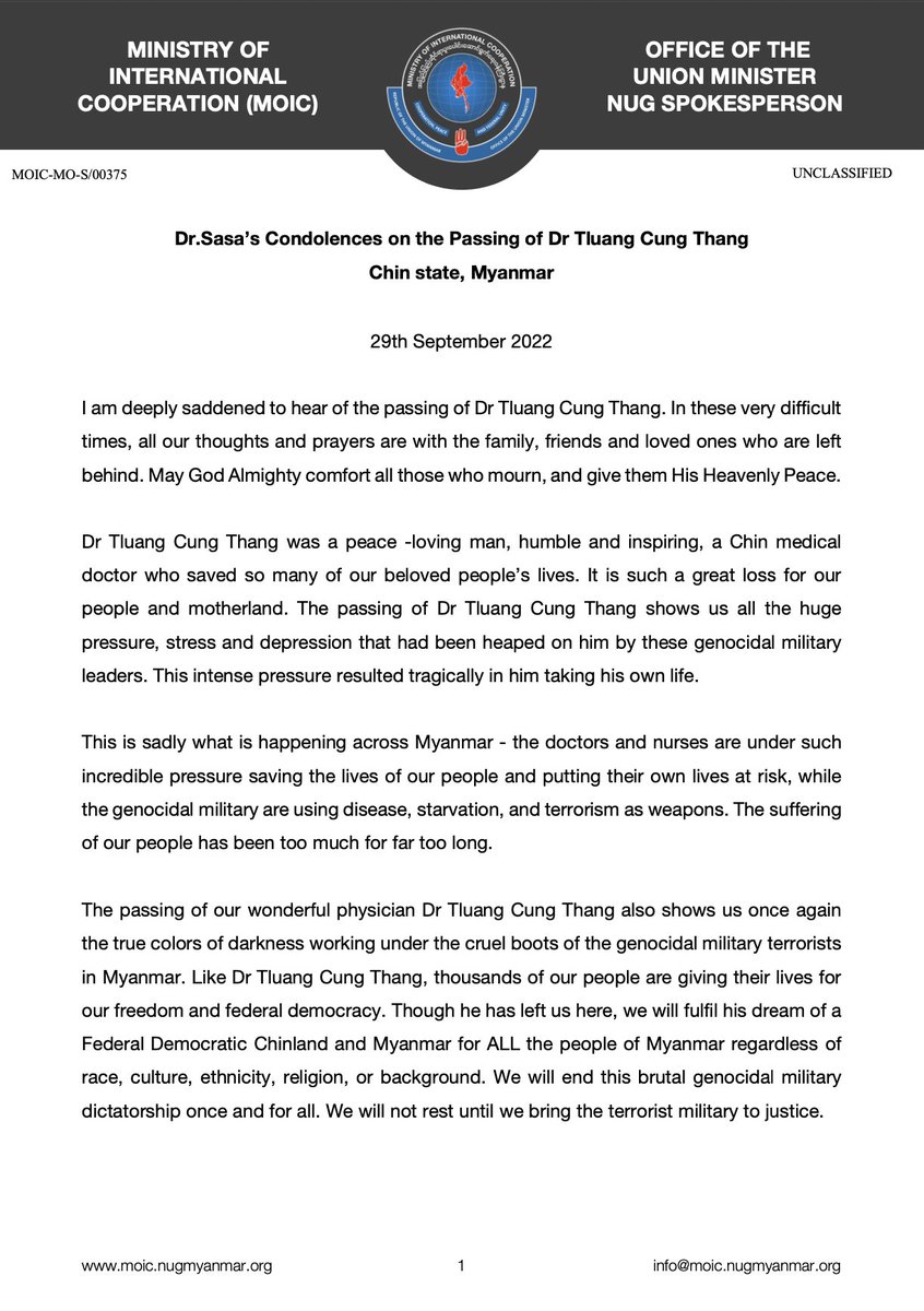 DrSasa22222's tweet photo. Dr.Sasa’s Condolences on the Passing of Dr Tluang Cung Thang of Chin state, Myanmar

I am deeply saddened to hear of the passing of Dr Tluang Cung Thang. In these very difficult times, all our thoughts and prayers are with the family, friends and loved ones who are left behind.. https://t.co/tiwBBoS21R