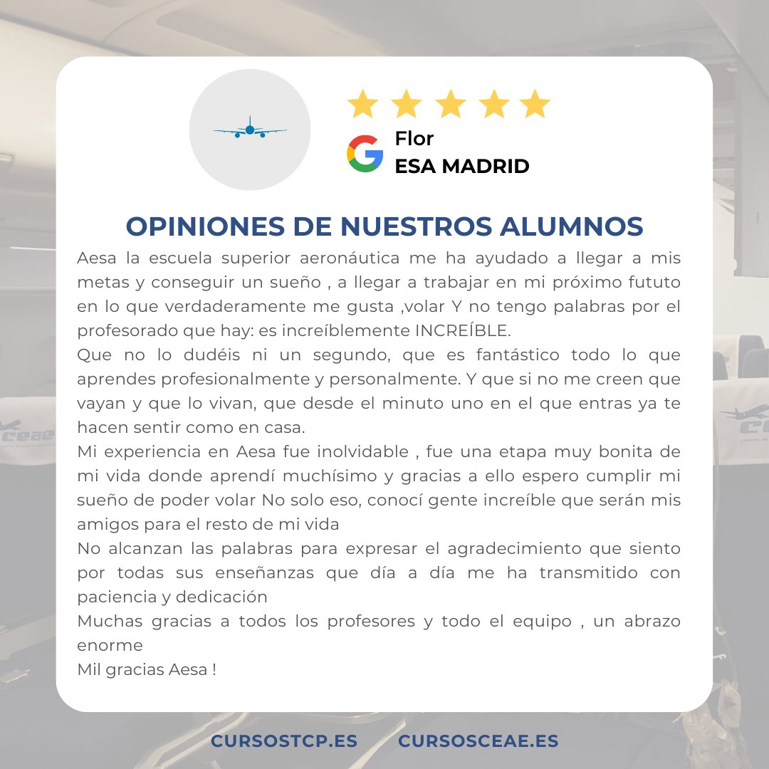 ESA_Madrid's tweet photo. Testimonio de FLOR, alumna de #Madrid, tras realizar el #cursoTCP en nuestro centro. ¡Gracias! #Nosvemosvolando https://t.co/W4fE4c5hT3
