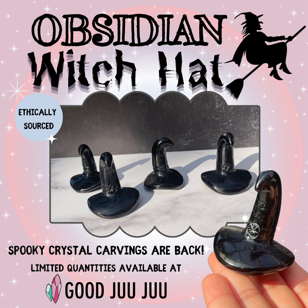 Obsidian Witch Hats are the perfect spooky crystal to add to your collection this Halloween🖤 Aiding in psychic protection and warding off negativity, obsidian is a powerhouse!