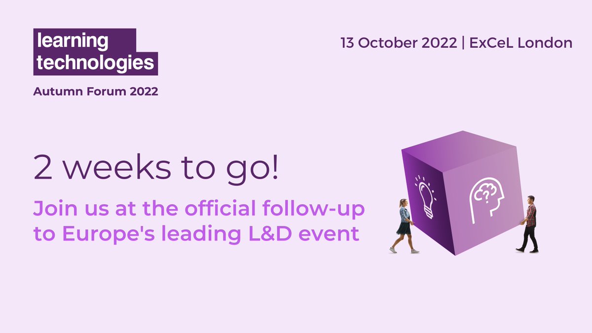⏰ There's now two weeks to go until the Learning Technologies Autumn Forum! ⏰

With 40+ free seminars and 50+ exhibitors, it's a great opportunity to keep you and your team up-to-speed with all that's new in L&amp;D.

Register here 👉 ow.ly/EKLC50KUzi8

#LTAF22