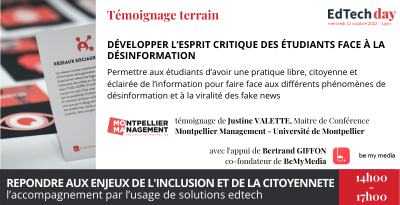 EdtechLyon (@edtechlyon) on Twitter photo 📰 Repérer les #fakenews + construire #espritcritique = lutte contre la #désinformation. Mais démultiplier la capacité à former les étudiants pour répondre à une demande croissante et massive ? ➡️@MtpManagement - Justine Valette et <a href="/be_my_media/">be my media</a>
#EdTechDay edtechday.net 📰 Repérer les #fakenews + construire #espritcritique = lutte contre la #désinformation. Mais démultiplier la capacité à former les étudiants pour répondre à une demande croissante et massive ? ➡️@MtpManagement - Justine Valette et <a href="/be_my_media/">be my media</a>
#EdTechDay edtechday.net