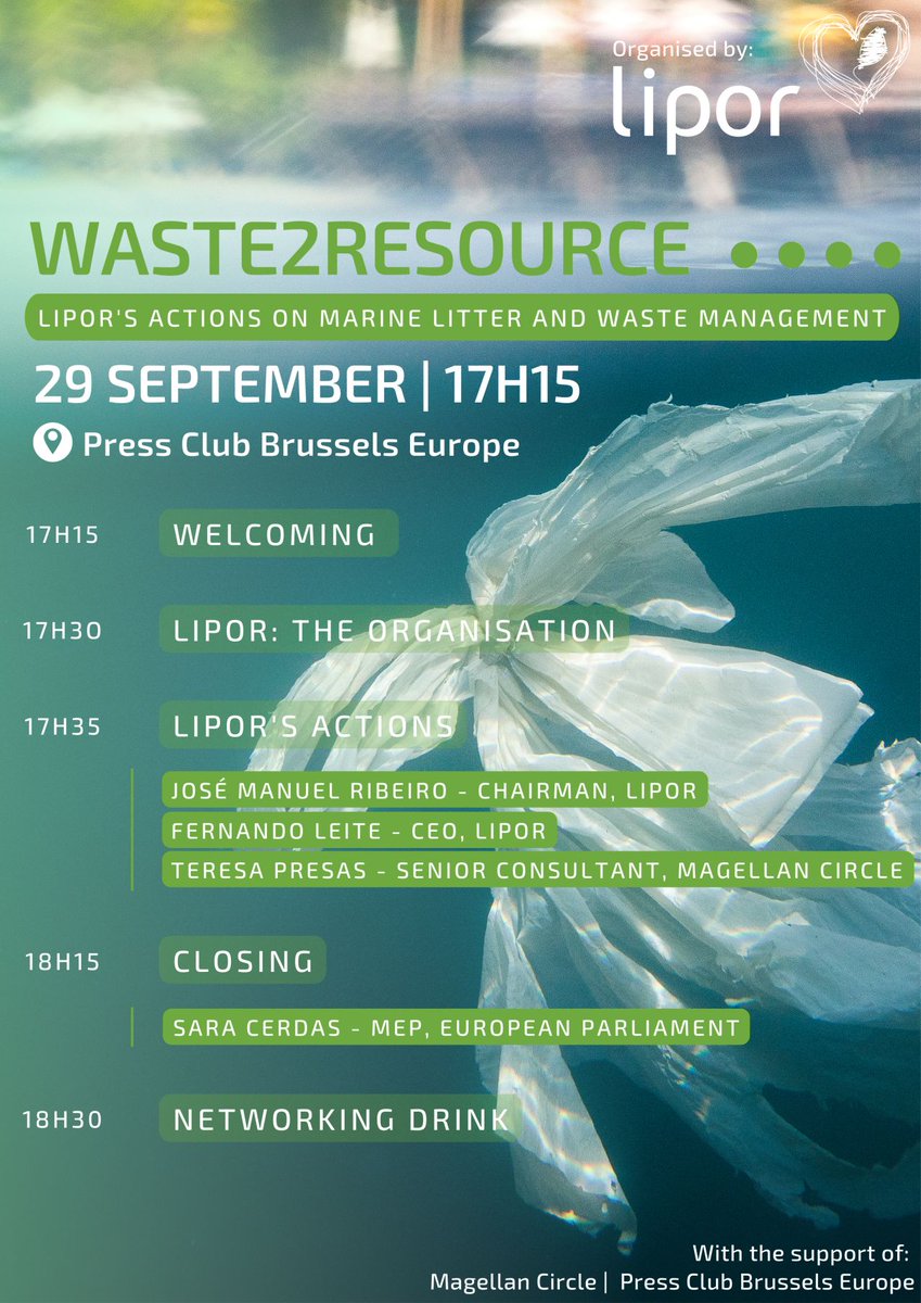 Câmara de Comércio Belgo-Portuguesa (@ccbept) on Twitter photo Today at 17h15 (CET)! Learn more about Lipor's waste management actions, as well as its response to the marine litter challenge through projects in different countries. Moderated by Teresa Presas (<a href="/Magellan_Circle/">Magellan Circle</a> ).
📌 Press Club Brussels, register: docs.google.com/forms/d/1z6lDA… Today at 17h15 (CET)! Learn more about Lipor's waste management actions, as well as its response to the marine litter challenge through projects in different countries. Moderated by Teresa Presas (<a href="/Magellan_Circle/">Magellan Circle</a> ).
📌 Press Club Brussels, register: docs.google.com/forms/d/1z6lDA…