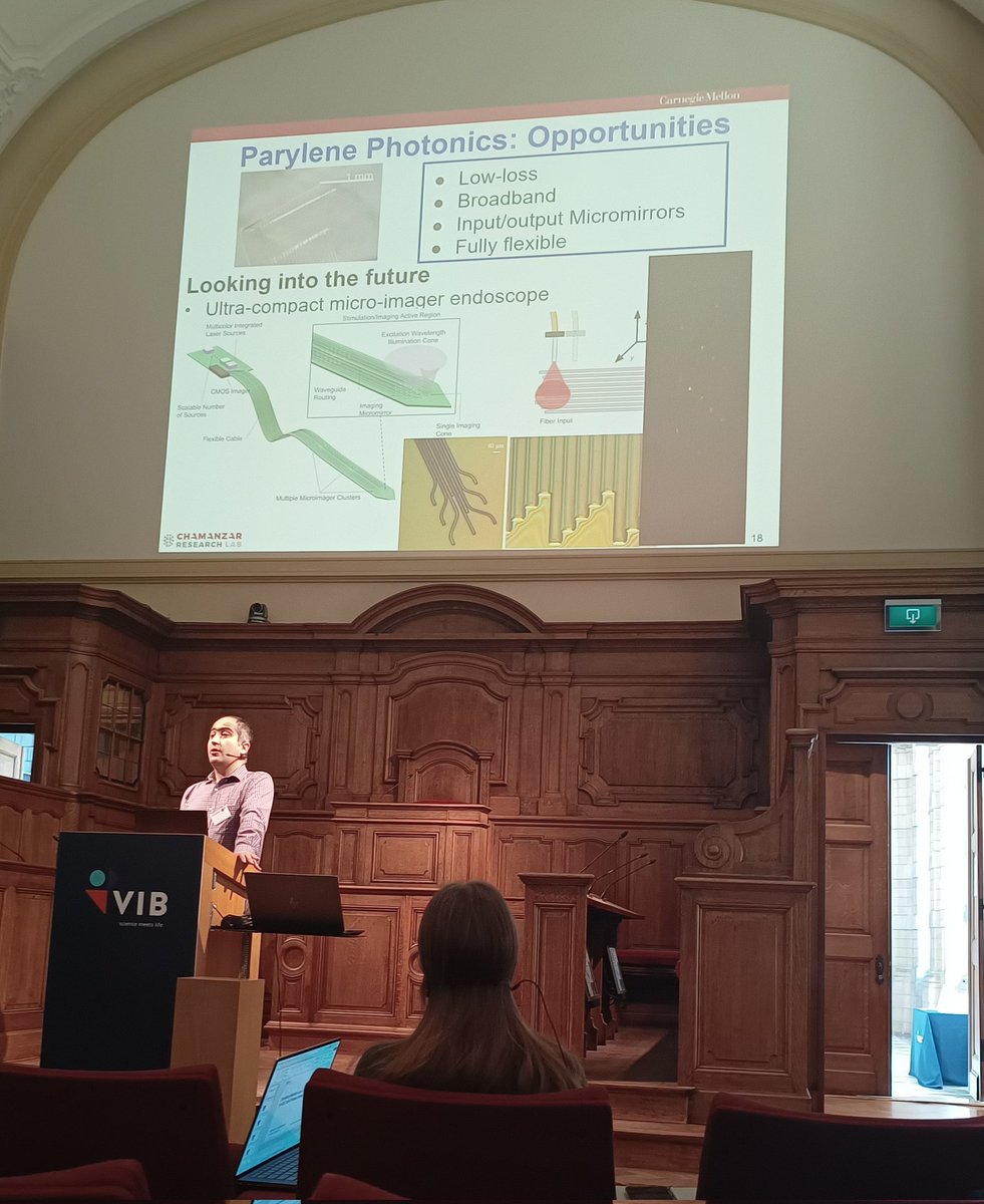 diqnqpi's tweet photo. #Neurotech22 Maysam Chamanzar presents the efforts to develop flexible microfabricated optoelectrical neural interfaces with Parylene Photonics and the use of virtual ultrasonic waveguides to avoid the implantation of invasive devices in the ๐ง @CMU_ECE @cmu_bme #VIBNeuroscience https://t.co/1zcAlEcYTG