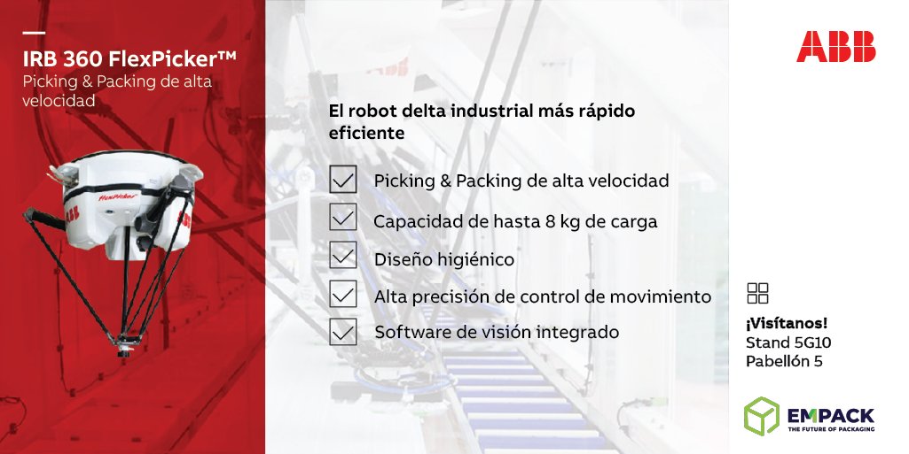ABB_Robotica_ES's tweet photo. 🙌🏻¿#Sabíasque en #EMPACK22 ABB muestra el IRB 360 FlexPicker, ideal para #picking y #packing de alta velocidad?
✅Alta Flexibilidad
✅Capacidad de hasta 8kg de carga
✅Diseño higiénico para aplicaciones de lavado
✅Software de visión integrado
Lee más👉🏻https://t.co/iEOHa6tb8d https://t.co/a3HtvJeBHm