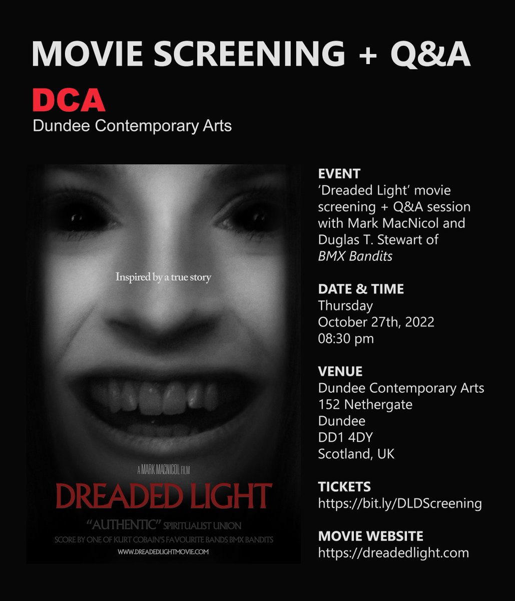 markmacnicol's tweet photo. 'Dreaded Light' Screening + Q&amp;A Session with Writer / Director - Mark MacNicol and Duglas T. Stewart of BMX Bandits at DCA on October 27th, 2022 at 08:30 pm.

For tickets and event details, please click here: https://t.co/OgDZhJrqWc

#movie #film #screening #qna #moviescreening https://t.co/vI6OtwDiup