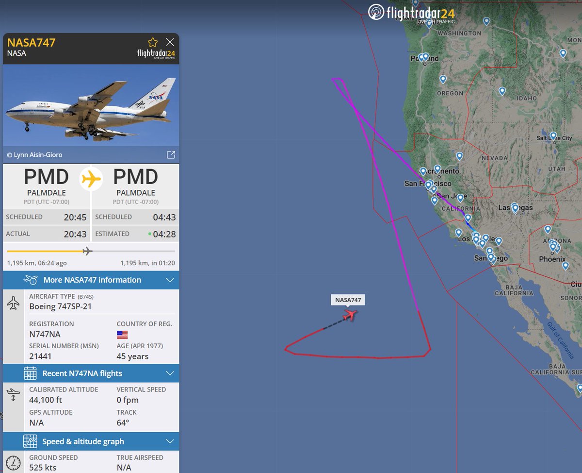 flightradar24's tweet photo. Last flight ever for NASA’s @SOFIAtelescope -  Stratospheric Observatory for Infrared Astronomy. It is a Boeing 747SP aircraft carrying a 2.7-meter telescope.

https://t.co/Axtu4cDqA4 https://t.co/7lGAJwWBGe