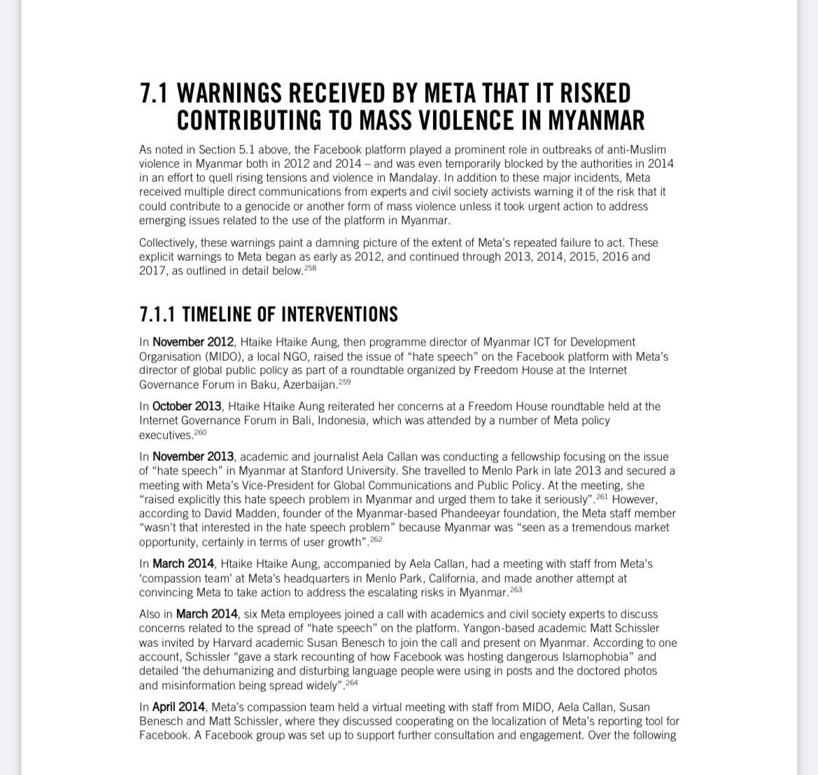 poppymcp's tweet photo. From @amnesty’s report on the role Facebook @Meta played in the purge of the Rohingya from #Myanmar: 3 pages outlining warnings the company received about its role in driving genocidal hatred and violence.

“We warned them at every opportunity. They didn’t care.” https://t.co/lC2GJQlIwk