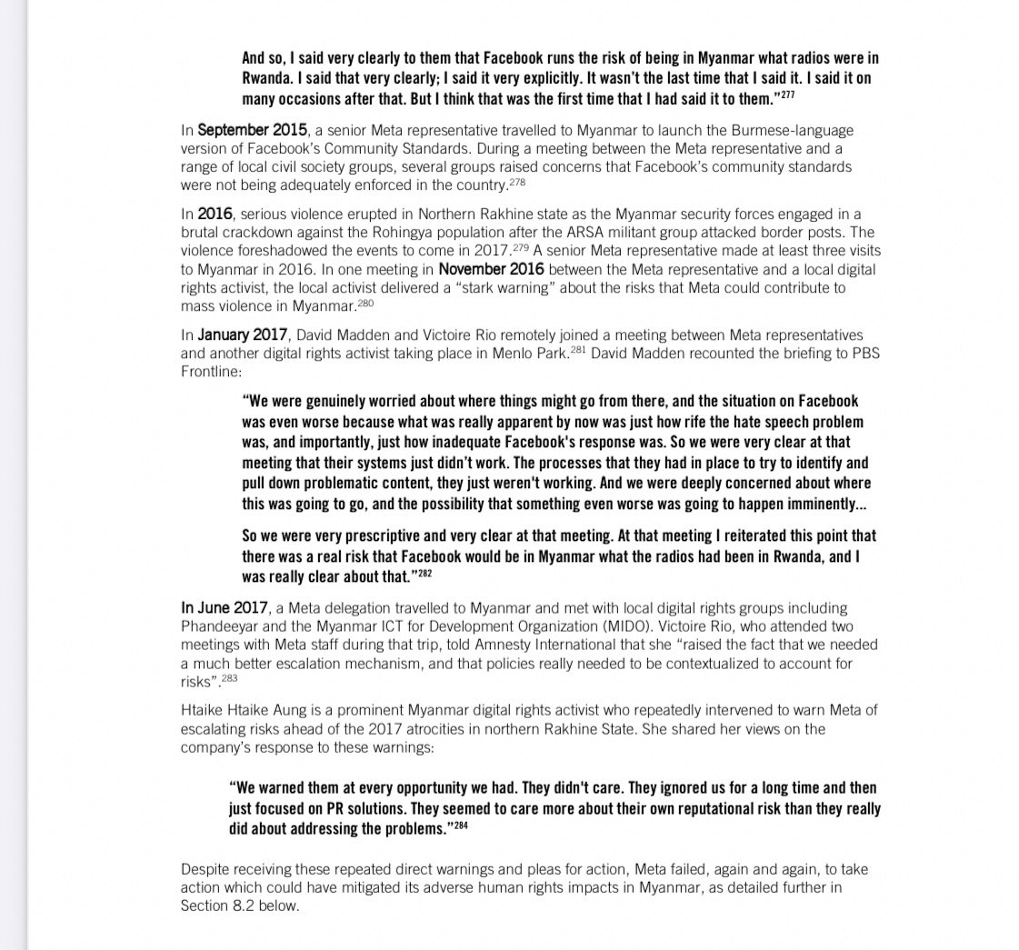 poppymcp's tweet photo. From @amnesty’s report on the role Facebook @Meta played in the purge of the Rohingya from #Myanmar: 3 pages outlining warnings the company received about its role in driving genocidal hatred and violence.

“We warned them at every opportunity. They didn’t care.” https://t.co/lC2GJQlIwk