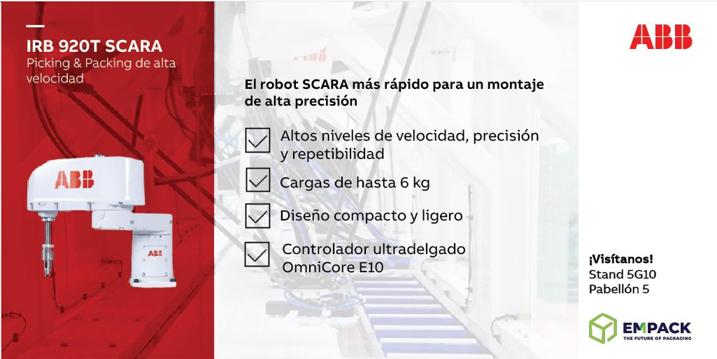ABB_Robotica_ES's tweet photo. 🙌🏻Ven a #EMPACK22 a ver el IRB 920T SCARA de #ABB, ideal para #ensamblaje, #picking y #manipulación de pedidos.
✅Capacidad de carga de hasta 6 kg
✅Tiempo de ciclo de 0,29 segundos
✅Controlador ultradelgado OmniCore™ E10
Regístrate aquí👉🏻https://t.co/DZIZ6VMFO2 https://t.co/pUKGlbVARN