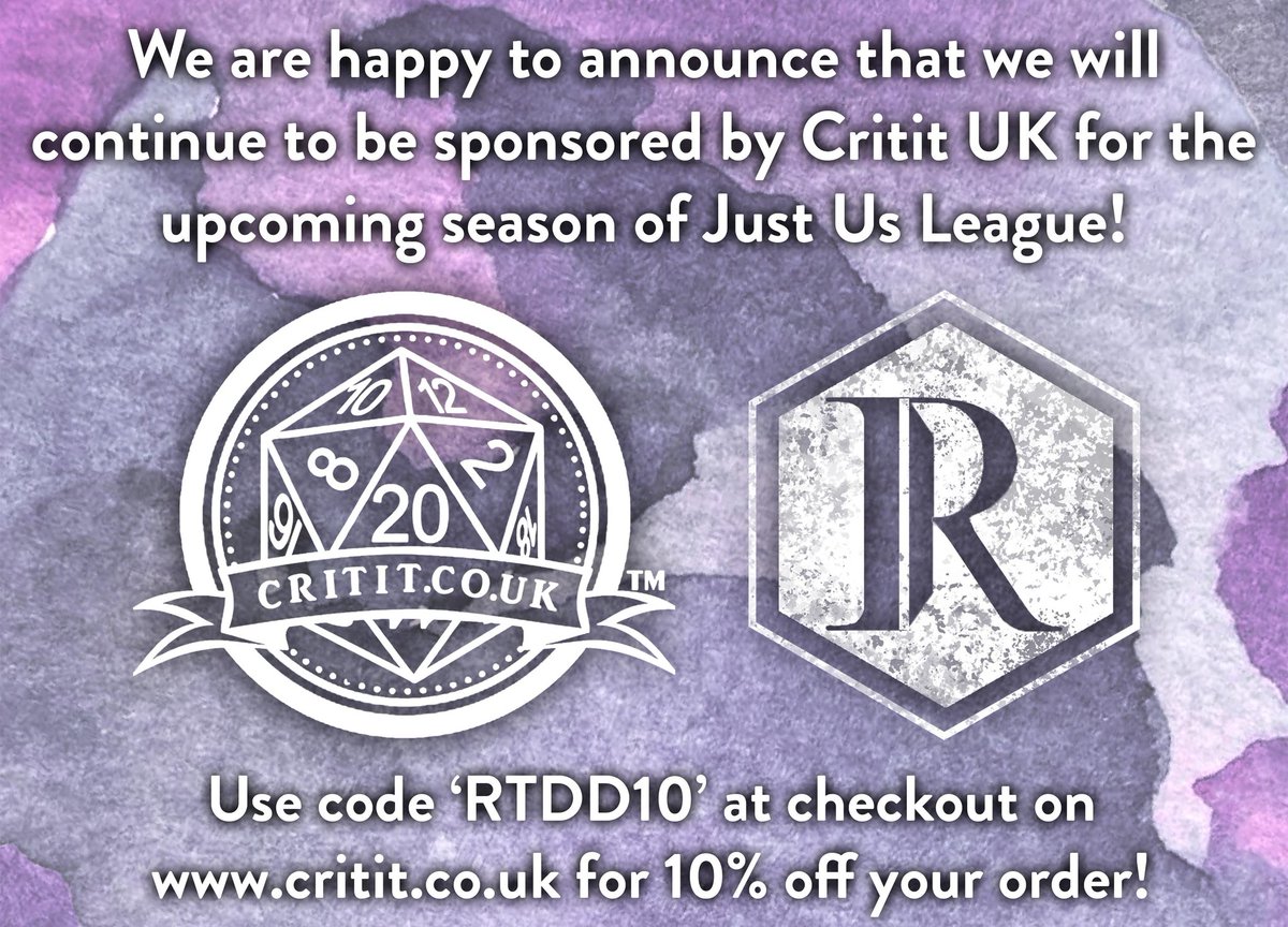 damn_dice's tweet photo. Just a reminder that our current season of Just Us League S3 is sponsored by the wonderful @Critituk!! 

Critit are a family-owned business who design and make all of their amazing RPG gaming goods!! 😍

You can use code RTDD10 at checkout for 10% off your order! 💜

#dnd #ttrpg https://t.co/6AIdcR2dqG