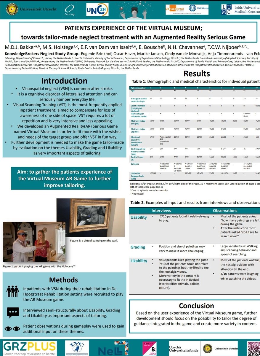 Presenting the preliminary results of the userexperience study <a href="/DeHoogstraat/">De Hoogstraat</a> rehabilation to create a more tailor-made Virtual Museum AR serious game. <a href="/Omring/">Omring</a> <a href="/SMARTneurolab/">SMARTneurolab</a> <a href="/EFvDvI/">Leonoor v Dam v Isselt</a> <a href="/marijeholstege/">Marije Holstege</a>