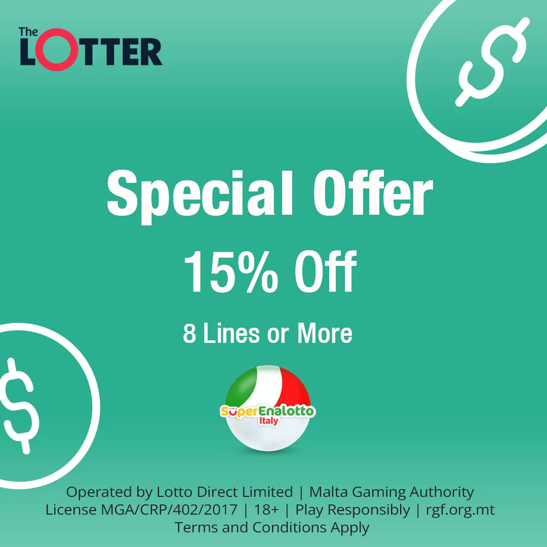 TheLotter's tweet photo. The jackpot for #Italy's #SuperEnalotto is now €279.6 #million, this #jackpot is a #record-breaker! 👀🤑
We have prepared a surprise for you: play 8 lines or more and save 15%!*🌟
👉 https://t.co/Om0ncYJi5F
#Discount #theLotterWinners #Offer #bigjackpots #cashback https://t.co/2OOEOUmRI0