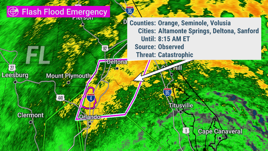 ColleenWeather's tweet photo. FLASH FLOOD EMERGENCY for areas north of #Orlando! #Ian sending significant rainfall to Orange, Seminole, &amp; Volusia Counties! Over the past 7 hours, these areas have seen 9-11" of rain...with an additional 2-4" likely. Water rescues underway w/ roads covered by 3-5 FEET of water. https://t.co/YSvLUYq9IA
