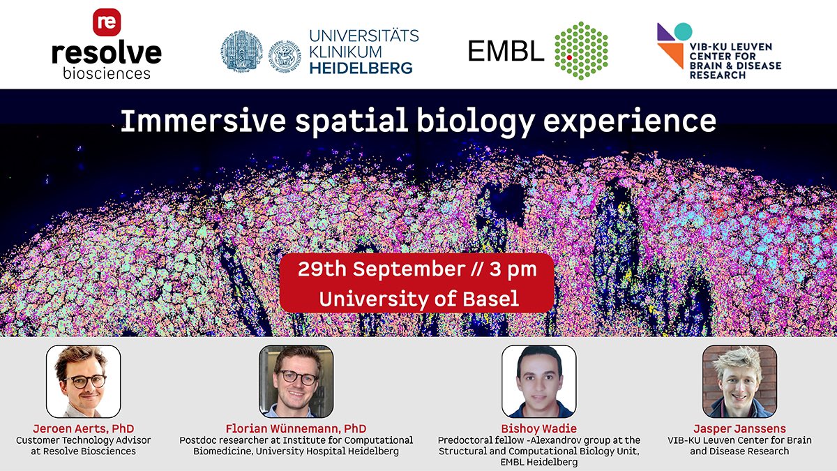 ResolveBioSci's tweet photo. Join our seminar today at 3 PM at the @UniBasel_en @biozentrum and learn from speakers @flowuenne (@uniklinik_hd) @JasperJanssens7 (@CBD_VIB) and Bishoy Wadie (@EMBLHeidelberg) about applying #spatial #biology to advance your research! @UniBasel! RSVP: https://t.co/1DMDT3PXfR https://t.co/Uo0DMU0QKx