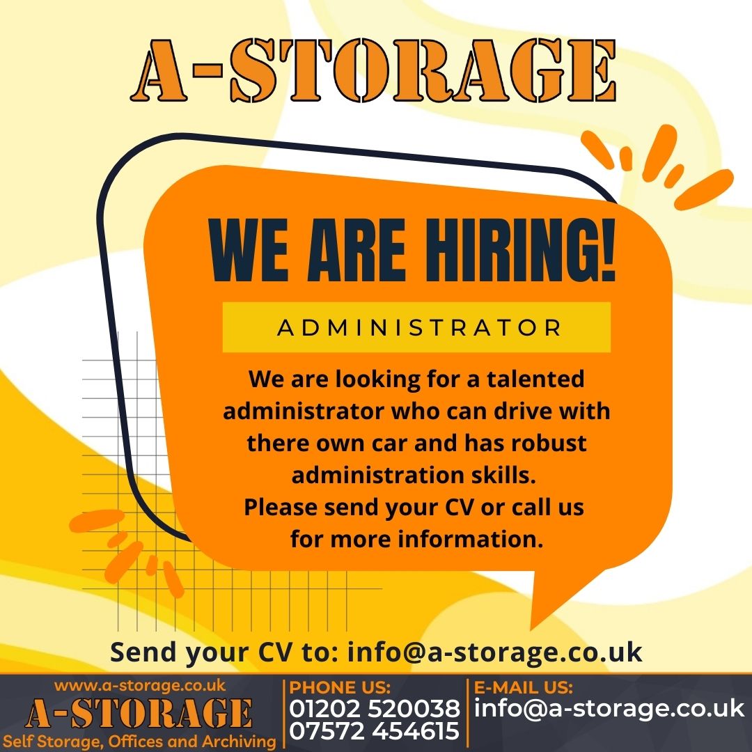 A-Storage (@astoragedorset) on Twitter photo If you would like to work in a friendly team we can offer a varied and enjoyable working environment.
You must be able to drive and have your own car as well as robust administration skills.
Please send your CV to info@a-storage.co.uk or contact us for more information. If you would like to work in a friendly team we can offer a varied and enjoyable working environment.
You must be able to drive and have your own car as well as robust administration skills.
Please send your CV to info@a-storage.co.uk or contact us for more information.