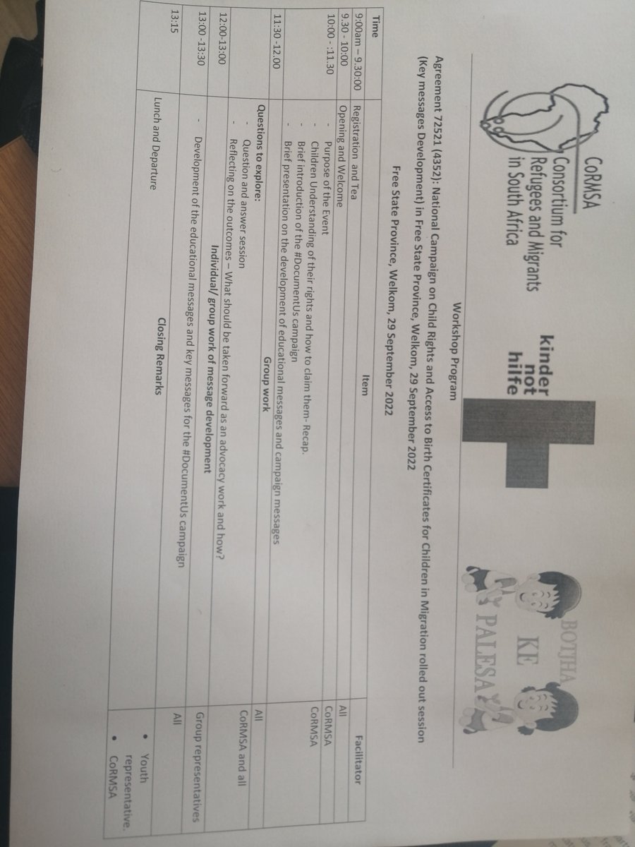 CoRMSA's tweet photo. 29/09/22 in Welkom, Free State facilitating #DocumentUs Campaign engagement with the Youths to strengthen access to birth registration and birth certificate for all children. #ProtectChildRights
@EKindernothilfe @LHR_SA @osfsa @UNICEF_SA @UPChildLaw @HomeAffairsSA https://t.co/Qf2STdyzdc
