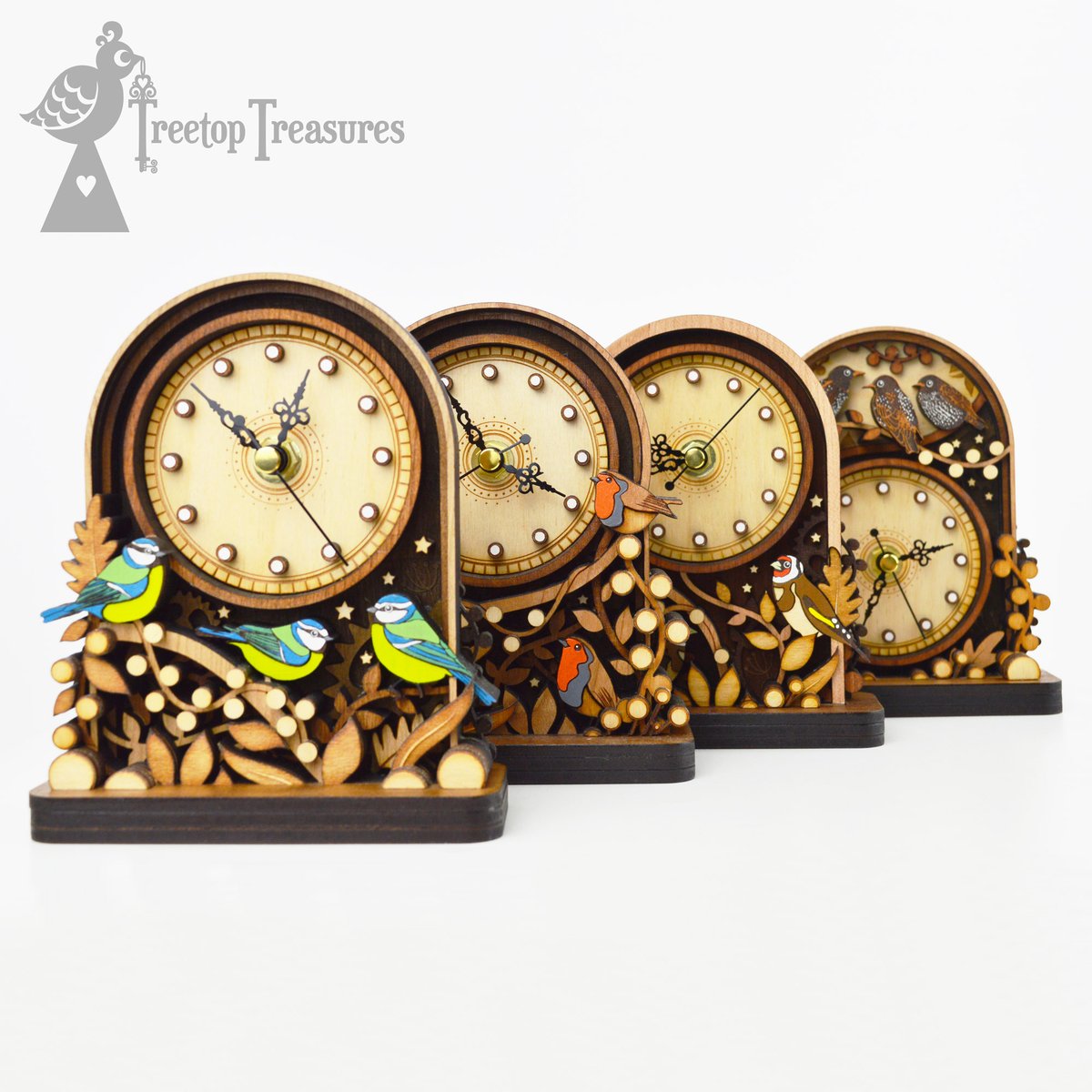 TreetopT_Gifts's tweet photo. We are releasing MORE British Birds clocks on Friday! In 4 different designs, which is your favourite? 

#BritishBirds #RSPB #Robins #Starlings #Bluetits #Goldfinches #BirdClock #Treetoptreasures #Lasercutting #QueenOf https://t.co/8VPcqsn1LE