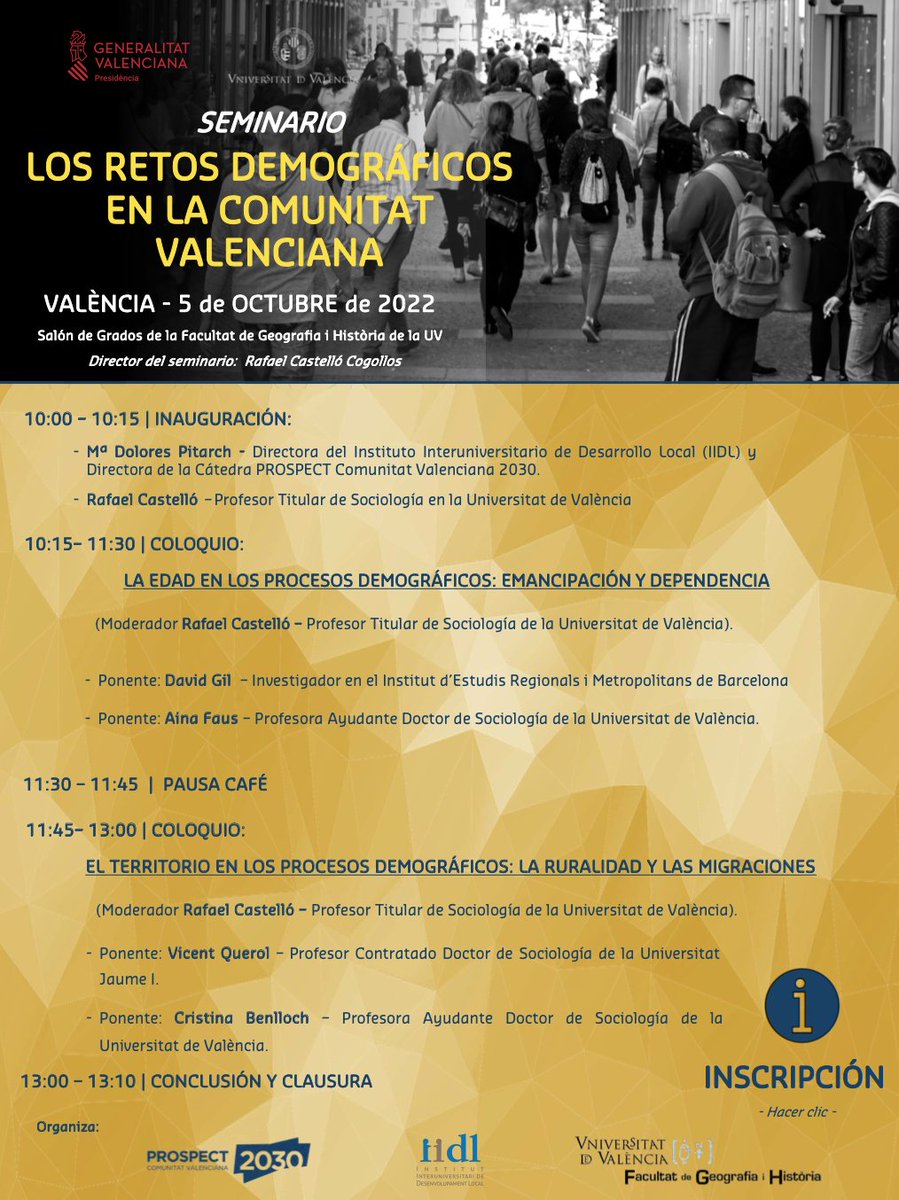prospectcv2030's tweet photo. El pròxim 5 d'octubre es celebrarà el seminari presencial "Reptes demogràfics a la Comunitat Valenciana" al saló de graus de la Facultat de Geografia i Història

Inscripcions: https://t.co/sTk782jZKz 

@iidlValencia @FacGeoiH @UVcatedres https://t.co/LxsXhfK1C6