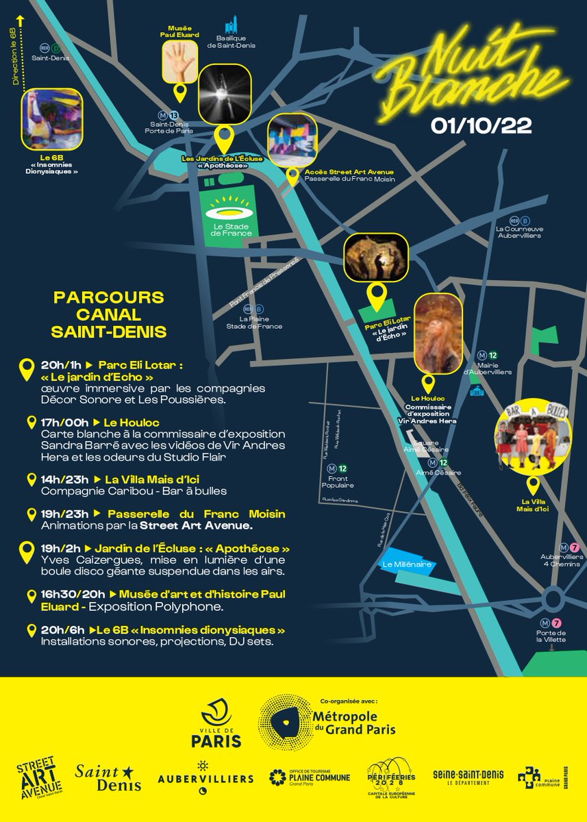 Samedi 1 octobre, profitez d'un parcours artistique, ludique et festif entre <a href="/aubervilliers93/">Aubervilliers</a>, la Street Art Avenue et <a href="/VilleSaintDenis/">Ville de Saint-Denis</a> pour célébrer les 2⃣0⃣ de la #NuitBlanche🌙
👉bit.ly/nuitblanche2022