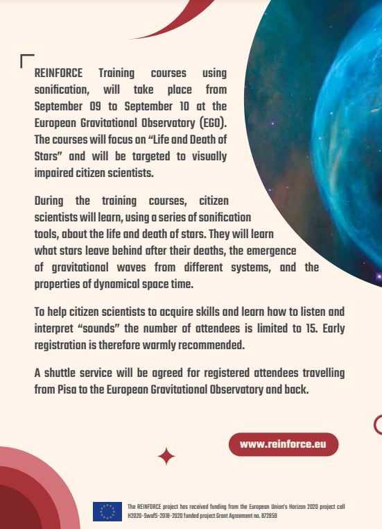 📢"#Sonification Training Courses"
Two Training courses on how to use sonification, will take place today 29 Sept. &amp; 09 Oct. at 
<a href="/UiciPresidenza/">UICI Presidenza Naz.</a> Pisa &amp; <a href="/ego_virgo/">EGO & the Virgo Collaboration</a> focusing on “Life and Death of Stars” and targeting visually impaired #citizenscientists.
reinforceeu.eu/sites/default/…