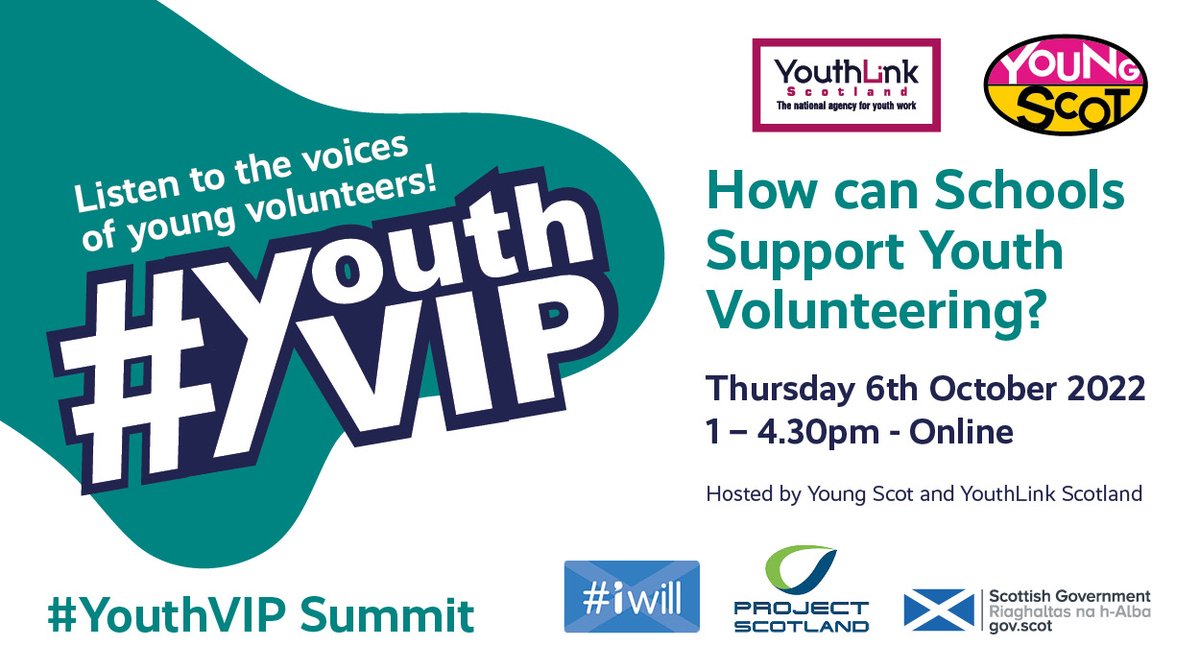 Do you know young people passionate about volunteering? 🙋

#YouthVIP Summit: How can Schools Support Youth Volunteering? is a great opportunity to have their voices heard on volunteering &amp; what needs to change!

📅 6 Oct
young.scot/get-involved/n…

@ProjectScotland <a href="/YouthLinkScot/">YouthLink Scotland</a>