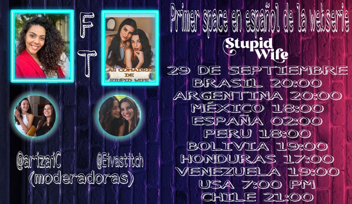 HOY ,29 DE SEPTIEMBRE A LAS 20:00(Hora Brasil) ,el primer space ,de habla española, con una de las  actrices de #StupidWife ,la gran <a href="/IngridPedroza11/">Ingrïd Pedroza</a> 🥳😍
EN LA CUENTA DE <a href="/LasComadresdeSW/">Las comadres de Stupid Wife 🍊</a> con las moderadoras <a href="/ArizaiC/">Jo❤‍🔥🇲🇽</a> y <a href="/EivaStitch/">Alba 🏳️‍🌈♀️</a>