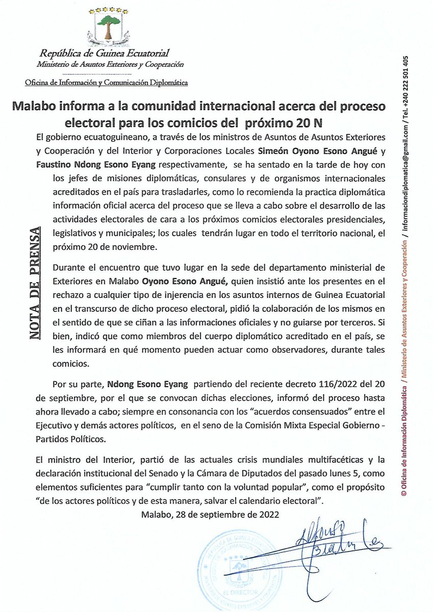 AngueSimeon's tweet photo. Guinea Ecuatorial rechaza cualquier tipo de injerencia en sus,Asuntos Internos, en el transcurso de los Comicios Electorales del 20 de noviembre próximo. 

Por eso,invito a las Misiones Diplomáticas en 🇬🇶 a que, se sirvan exclusivamente de las informaciones oficiales del país. https://t.co/gt2NEI44v9