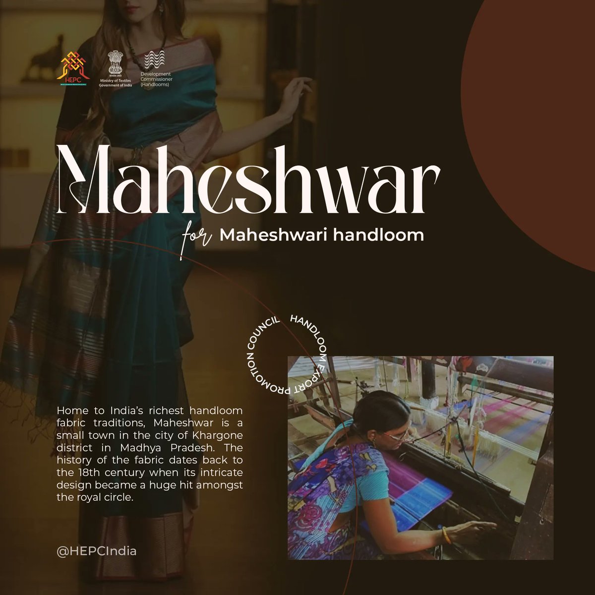 HEPC_India's tweet photo. Maheshwar (Madhya Pradesh) for Maheshwari handloom - Home to India’s richest handloom fabric traditions.
#happinessishandmade #handloom #handloomlove #maheshwarisarees #maheshwarihandloom #handloomsilk #indaihandloom #weavesofindia #instagram #sareeblogger #handcrafted https://t.co/fKi7496tqa