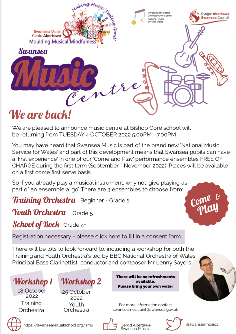 Rydym yn ôl! Rydym yn falch o gyhoeddi y bydd canolfan gerddoriaeth Ysgol yr Esgob Gore yn dychwelyd NOS FAWRTH 27 MEDI 2022 5.00PM - 7.00PM