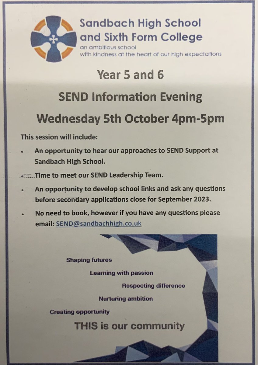 Please share with your community, family and friends.  <a href="/SandbachHigh/">Sandbach High School</a> @SandbachP <a href="/WybunburySchool/">WybunburyDelves</a> @FISCheshireEast <a href="/BreretonPrimary/">Brereton Primary Sch</a> <a href="/ElworthCE/">Elworth CE Primary</a> <a href="/Elworth_Hall/">Elworth Hall School</a> <a href="/WheelockPrimary/">WheelockPrimarySch</a> @stjohns150 <a href="/OffleyCW11/">Offley Primary</a> <a href="/thedingleschool/">The Dingle Primary</a> <a href="/haslingtonsch/">Haslingtonprimary</a> <a href="/sandbachlife/">duchess</a> <a href="/HungerfordAcad/">HungerfordAcademy</a> <a href="/monkscop/">Monks Coppenhall</a>