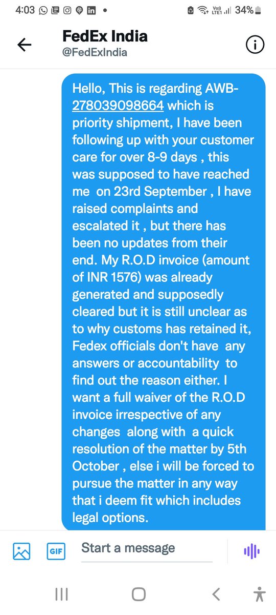 rowdythumper's tweet photo. @FedExIndia for your immediate  intervention https://t.co/J8zjj1xlPv