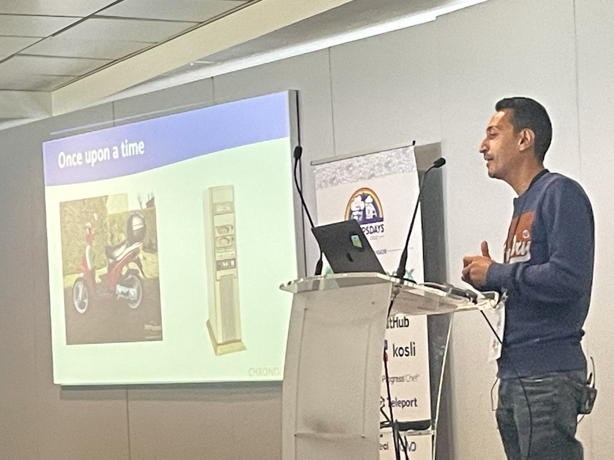 jkriggins's tweet photo. Really interesting #DevOpsDays talk by @mimmozzo on developer #productivity in a near post #serverless world. No, not #IaaS. He predicts Platform as Code (demoed with @PulumiCorp) and Infrastructure FROM code (demoed new Serverless Cloud) https://t.co/QuMVwk3BuK