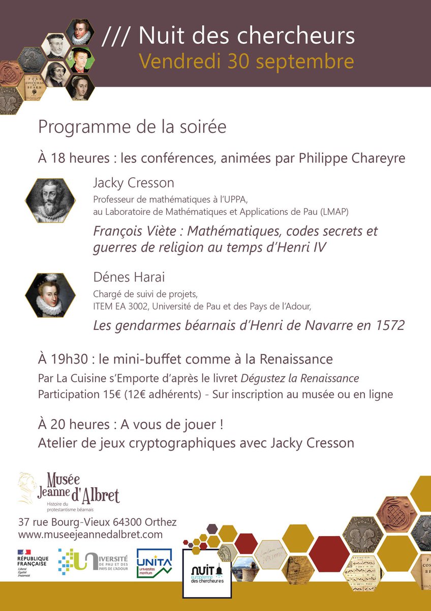 Pour en savoir plus sur les gendarmes béarnais avant, pendant et après la Saint-Barthélemy, c'est demain à Orthez, <a href="/MusJeanneAlbret/">Musée Jeanne Albret</a>, dans le cadre de la participation de <a href="/universite_uppa/">Université de Pau et des Pays de l'Adour (UPPA)</a> à la Nuit européenne des chercheurs, animée par <a href="/Ph_Chareyre/">Philippe Chareyre</a> (<a href="/AgenceRecherche/">ANR - Agence nationale de la recherche</a> <a href="/acronavarre1/">ANR AcRoNAVARRE</a>)