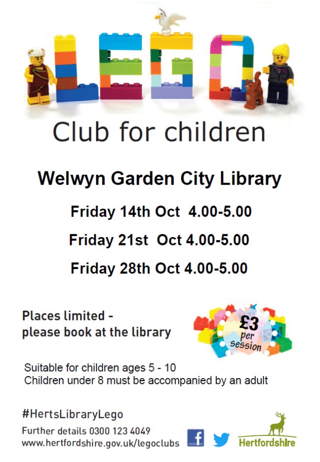 WGC_Central_Lib's tweet photo. It's been great to see the successful turnout at #WGC LEGO Club over the summer. 

That's why, this October, along with the regular fortnightly Saturday mornings, we are launching some extra sessions on Friday afternoons 4-5 pm. 

All details on the poster! 

#HertsLibraryLego https://t.co/a8JElIYeVM