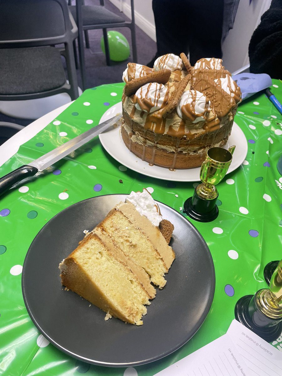 InvolveVC's tweet photo. Congrats to Em on winning the bake off with her amazing biscoff cake! #MacmillanCoffeeMorning https://t.co/X3zHn63A7B