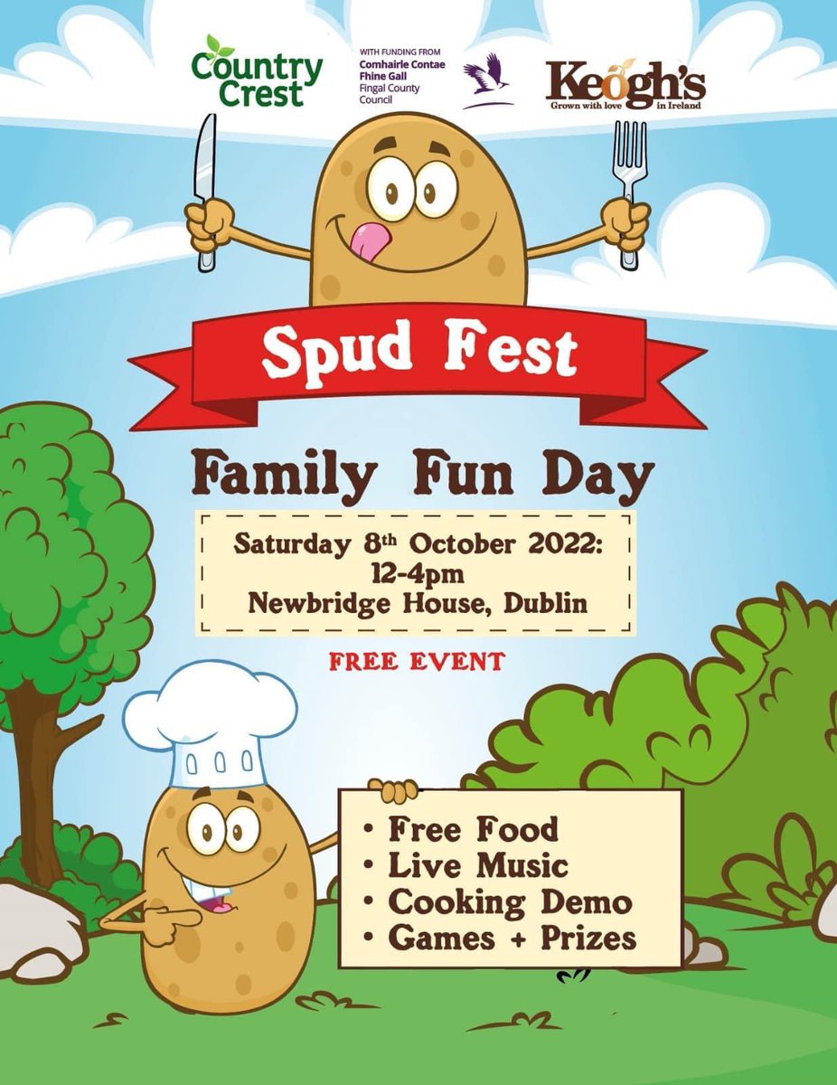 CountryCrest's tweet photo. Country Crest & @keoghsfarm are delighted to bring Spud Fest back to @newbridgehouse Come and join us for an afternoon of family fun and entertainment to celebrate the mighty spud! 🚜🥔🤹♂️🎶
@events_in_fingal #nationalpotatoday #spudfest #countrycrest #countrycrestfarmshop https://t.co/FkHRVSgpQl