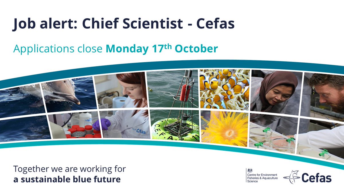 CefasGovUK's tweet photo. #WeAreRecruiting a Chief Scientist to lead our work tackling global challenges faced by marine and freshwater ecosystems. You'll provide strategic direction, ensuring our science and evidence are world-leading and impactful. For full details, please visit https://t.co/wI2YmESy1K https://t.co/O6li4QHikW