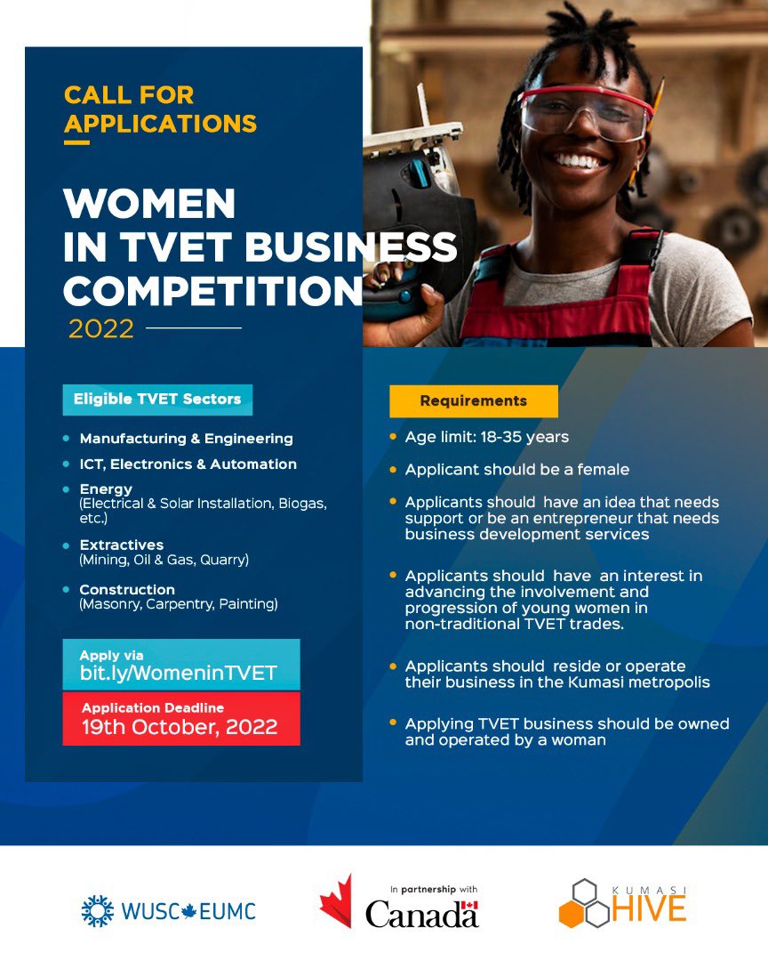 BGapgh's tweet photo. An opportunity for women in Technical, Vocational, Engineering and Technology (TVET) .

Apply via: https://t.co/fceGFpo7fe
Deadline: 19th October 2022

#BridgeDaGapGh #BTG  #WomenInTVET #TVET #Competition #Opportunity #Enterprises https://t.co/LQUCc8M3CK