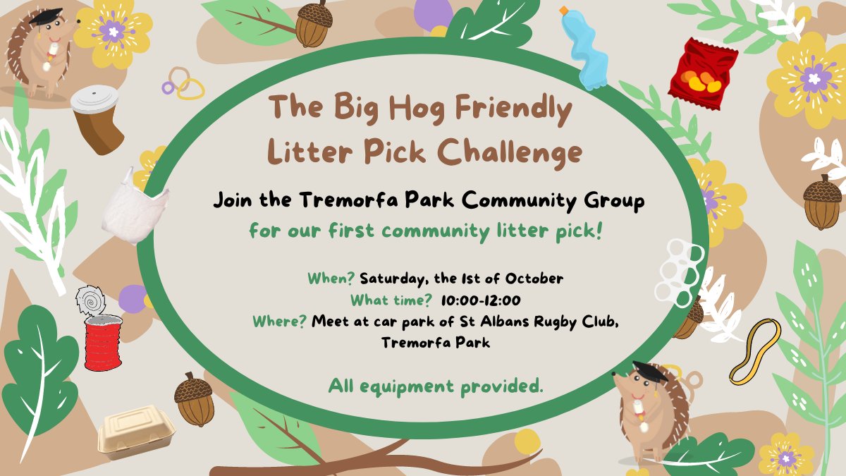 CUHedgehogs's tweet photo. Do you live near Tremorfa Park? Then why not join the Tremorfa Park Community Group for a @hogfriendly litter pick this Saturday? Meet at St Albans RFC carpark at 10am. #Pick4Prickles #litterpickchallenge #litterpickheroes https://t.co/HydtQa9kxQ