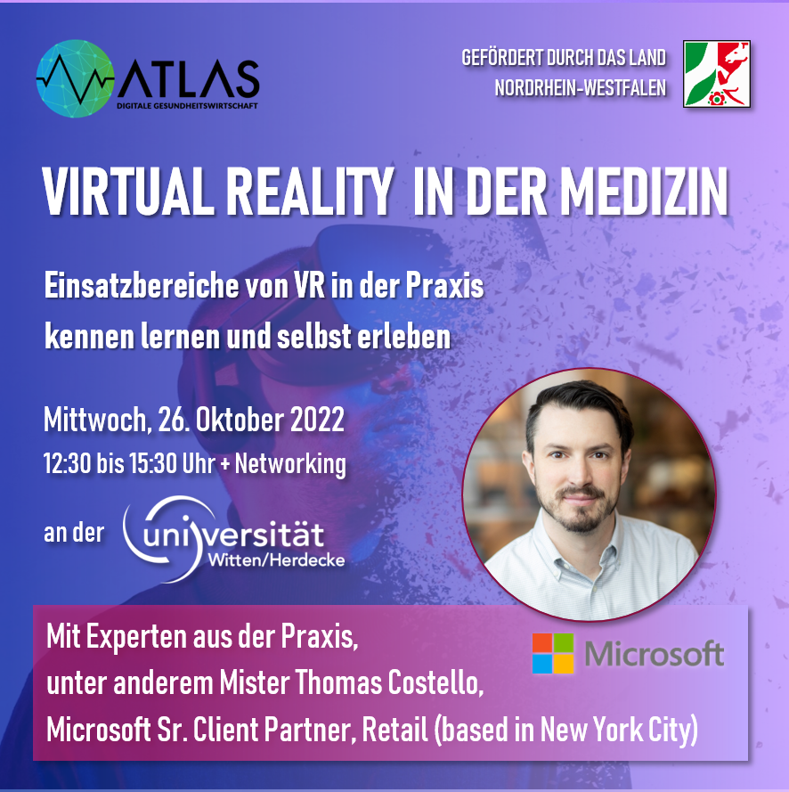 ATLASdigiHealth's tweet photo. 📢Last Chance - nur noch 20 Plätze frei❗️🚀
#VR in der #Medizin: kennen lernen und erleben! 🗓️26.10.2022 👉Wir freuen uns u.a. auf Thomas Costello, Microsoft @msretail #virtualreality #atlasitg #mwide #UniWH @healthcare_netz @MEDICATradeFair @lienu
https://t.co/b4YSjCir7O https://t.co/1vlt6mk95W