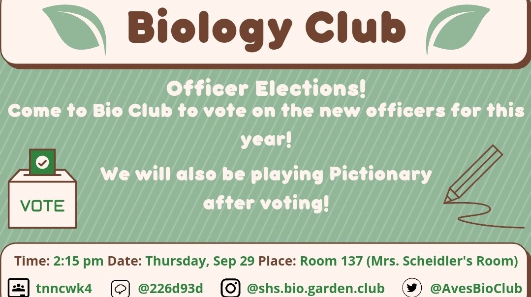 AvesBioClub's tweet photo. Today is our officer election meeting! Come to vote for our new officers or even try to be one yourself! We will also be playing pictionary afterwards! https://t.co/YwRlCwlgP2
